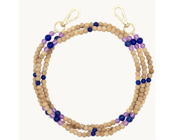 Bandoulière Louvini Arielle perles bois violet bleu 125 cm avec mousquetons dorés