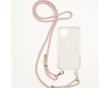 cordon de téléphone rose poudré, mousquetons dorés