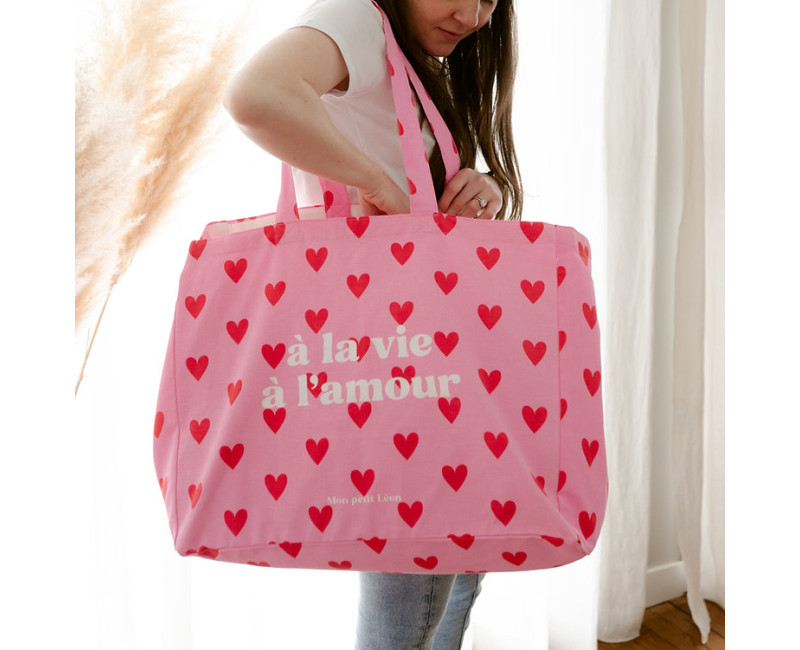 Sac cabas cœur rose rouge - A la vie à l'amour