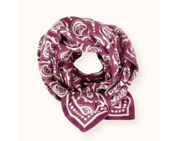 foulard coton couleur prune motifs fleurs blanches