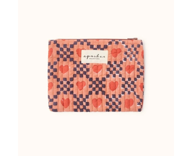 Pochette coton zippée motifs damier bleu, fond rouille avec petits cœurs Pochette coton zippée motifs damier bleu, fond rouille avec petits cœurs