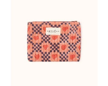 Pochette coton zippée motifs damier bleu, fond rouille avec petits cœurs
