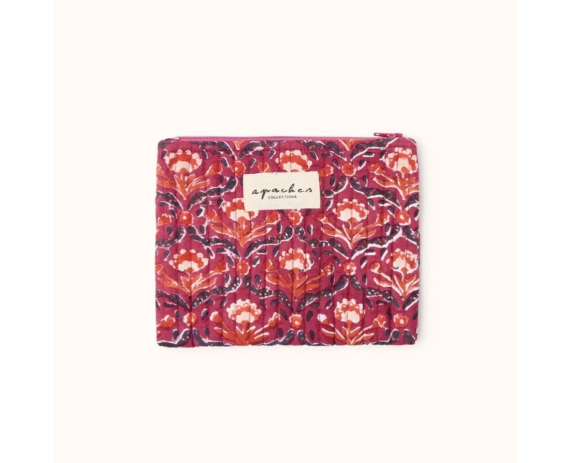 Pochette zippée fleuris couleur cerises, marine et beige Pochette zippée fleuris couleur cerises, marine et beige