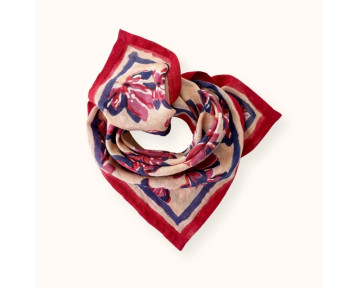 foulard coton fleuris marine, rose fuchsia rouge fond crème